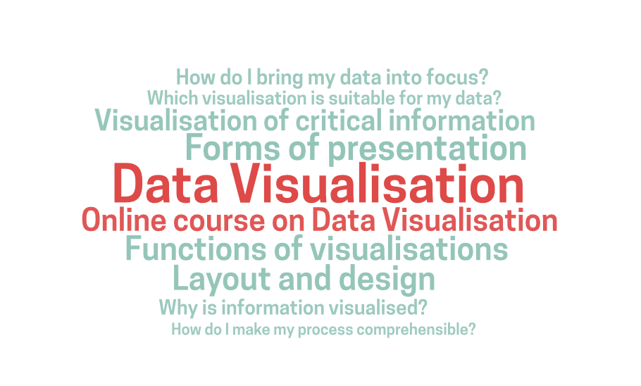 A word cloud in the shades green and red. It contains the following words and phrases: Data in a nutshell. Self-learning course for information visualisation (in large red letters in the middle), Why are information visualised?, How do I make my process comprehensible?, Which representation is suitable for my data?, Forms of visualisation, Critical information visualisation, Functions of visualisations, Layout and design, How do I put the focus on  my data?  