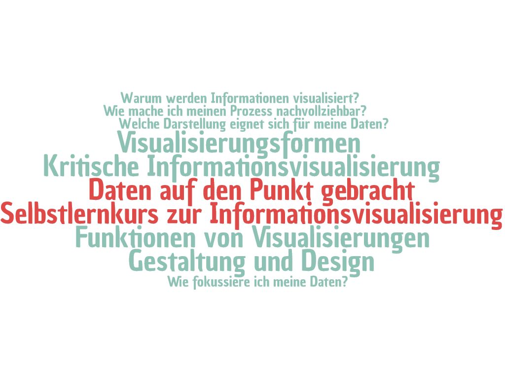 Eine Wortwolke bestehend aus Sätzen und Stichwörten. In grüner Schrift: Warum werden Informationen visualisert? Wie mache ich meinen Prozess nachvollziehbar? Welche Darstellung eignet sich für meine Daten? Visualsierungsformen, kritische Informationsvisualsierung. In größerer roter Schrift: Daten auf den Punkt gebracht. Selbstlernkurs zur Informationsvisualsierung. Wieder grüne Schrift: Funktionen von Visualsierungen; Gestaltung und Design. Wie fokussiere ich meine Daten?