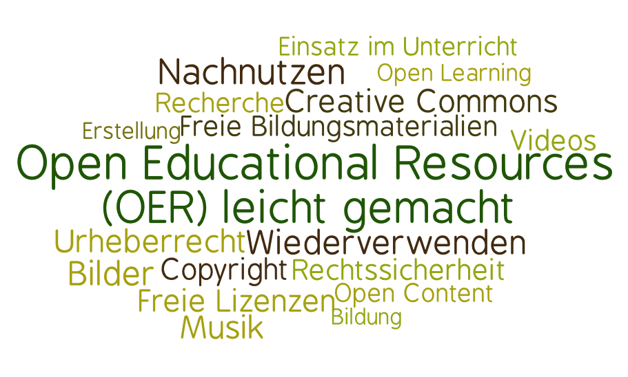 Eine Wordcloud in den Farbtönen grün und braun. Sie enthält folgende Wörter und Sätze: Selbstlernkurs (in großen grünen Buchstaben links oben), Copyright, Lizenzen, Creative Commons, Bildung, Urheberrecht, OER, Open Educational Ressources, Freie Bildungsmaterialien, Open Content, Rechte.